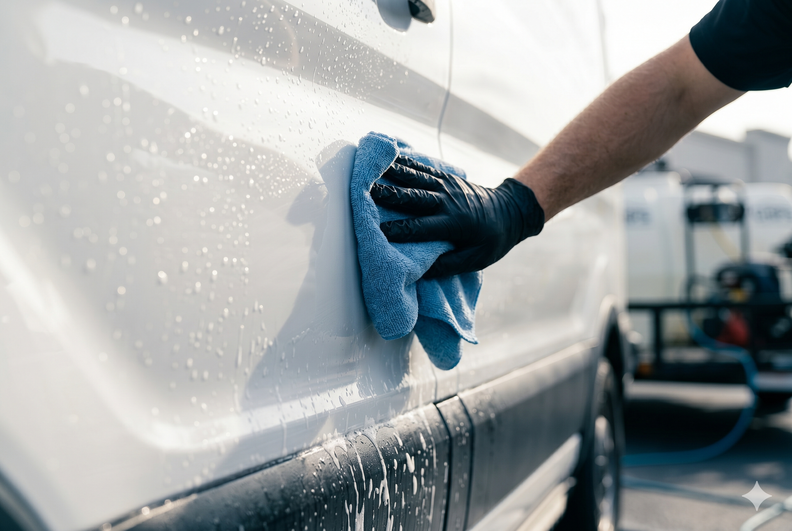 Close up detail of professional fleet vehicle detailing in progress