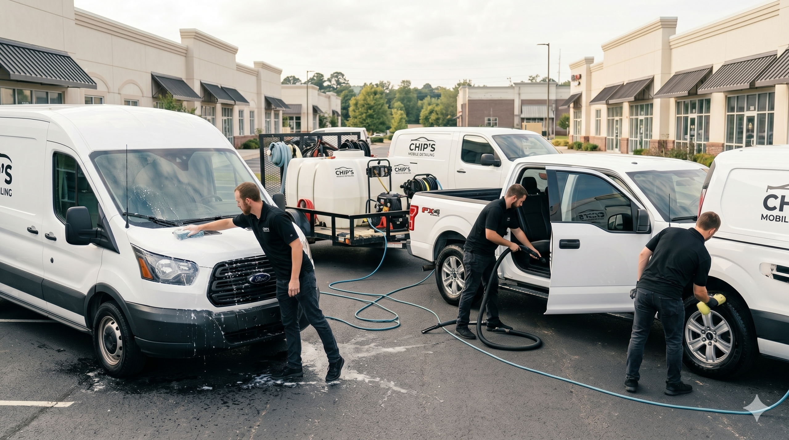 Chip's Mobile Detailing technicians working on a fleet of company vehicles